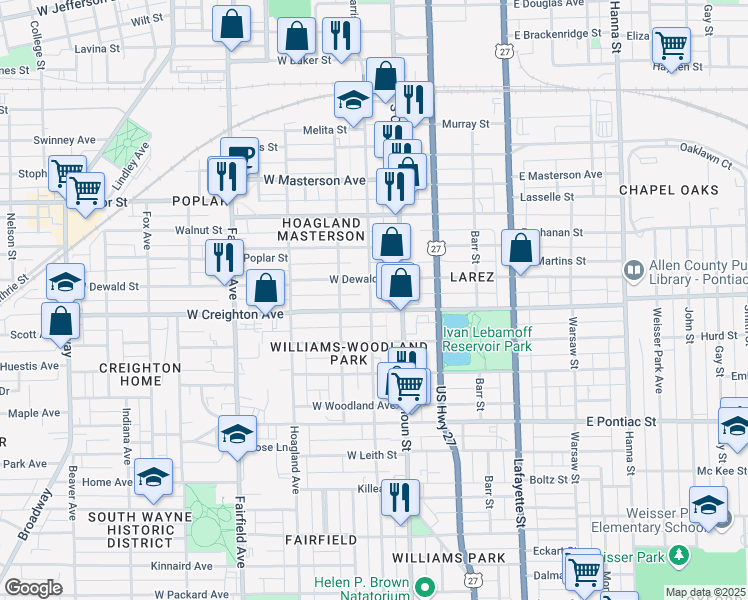 map of restaurants, bars, coffee shops, grocery stores, and more near 115 West Creighton Avenue in Fort Wayne