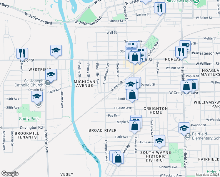 map of restaurants, bars, coffee shops, grocery stores, and more near 1353 Guthrie Street in Fort Wayne