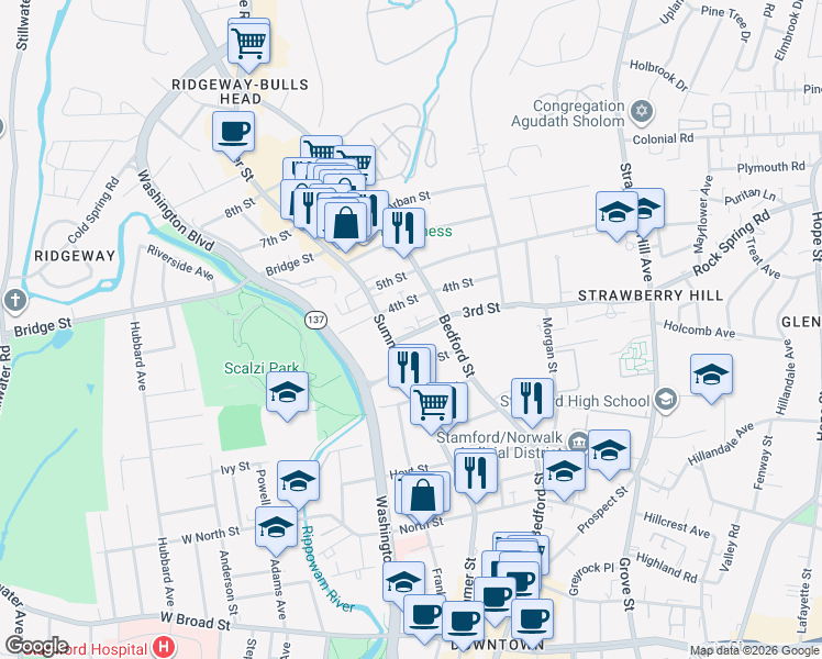 map of restaurants, bars, coffee shops, grocery stores, and more near 20 2nd Street in Stamford