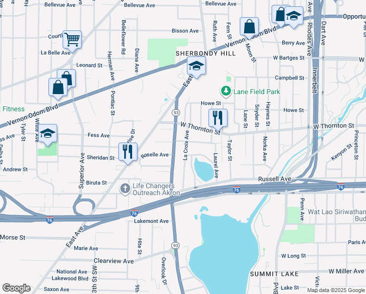map of restaurants, bars, coffee shops, grocery stores, and more near 1084 La Croix Avenue in Akron