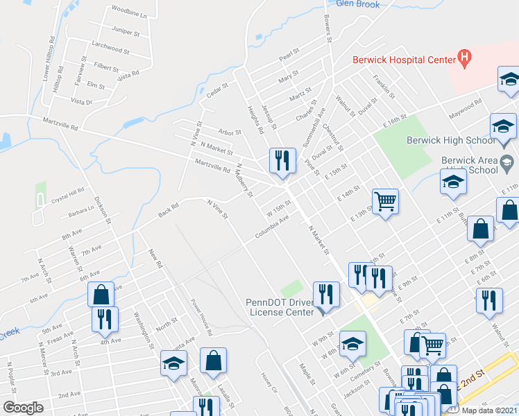 map of restaurants, bars, coffee shops, grocery stores, and more near 1599 North Mulberry Street in Berwick