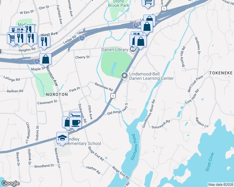 map of restaurants, bars, coffee shops, grocery stores, and more near 9 Clubhouse Circle in Darien