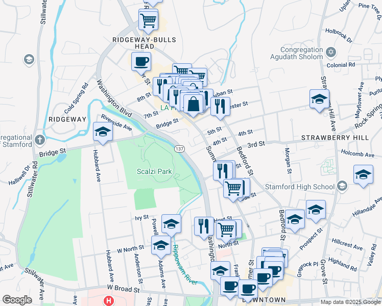 map of restaurants, bars, coffee shops, grocery stores, and more near 7 4th Street in Stamford