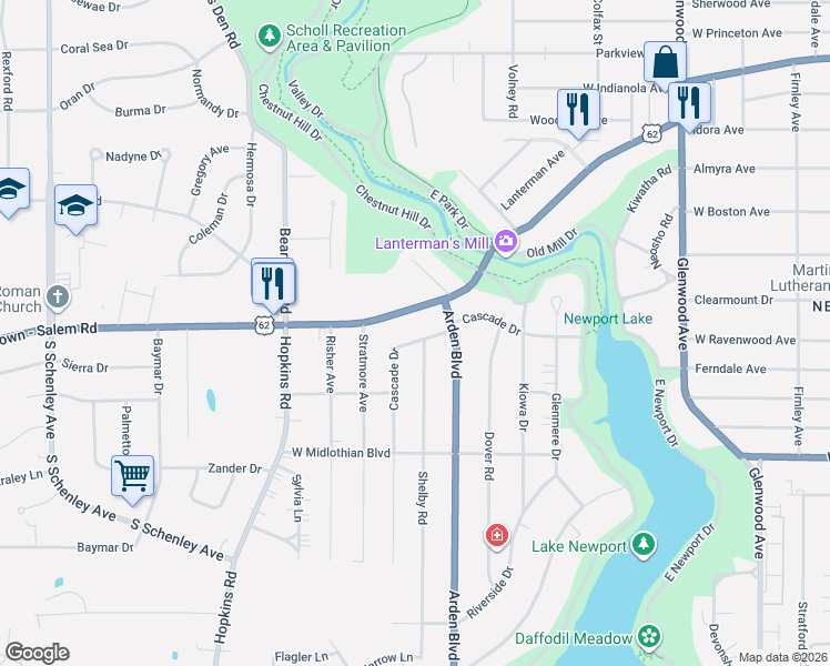 map of restaurants, bars, coffee shops, grocery stores, and more near 3429 Shelby Road in Youngstown