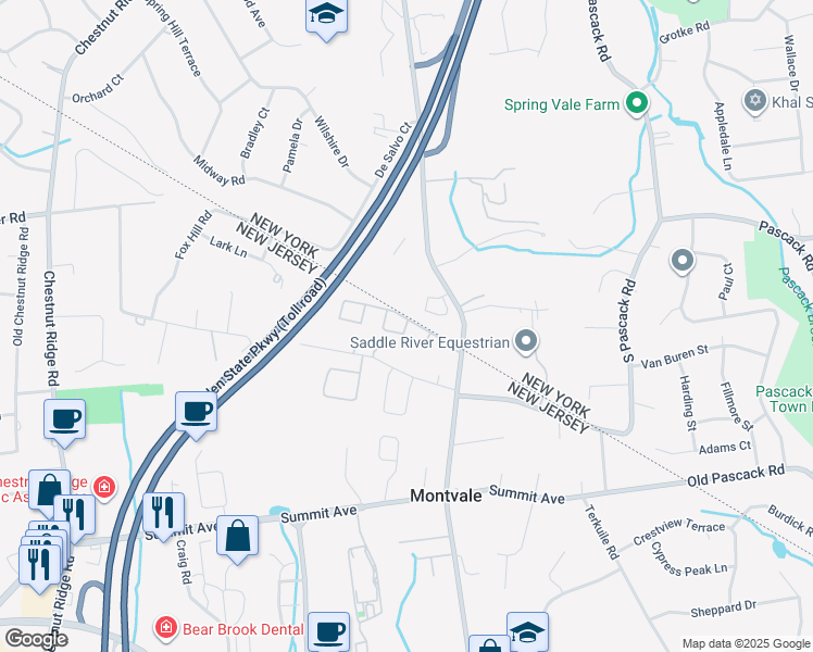 map of restaurants, bars, coffee shops, grocery stores, and more near 160 Spring Valley Road in Montvale