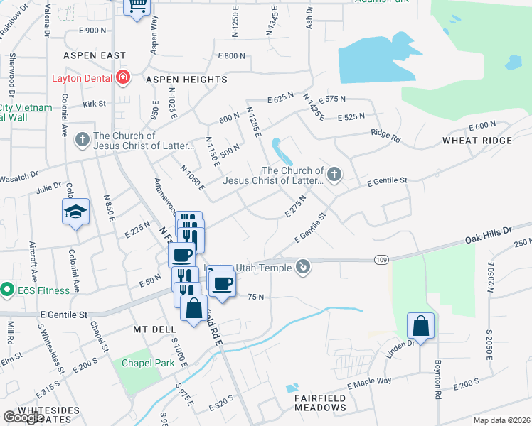 map of restaurants, bars, coffee shops, grocery stores, and more near 267 North 1350 East in Layton