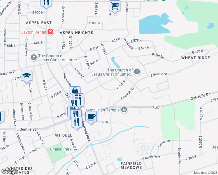 map of restaurants, bars, coffee shops, grocery stores, and more near 267 North 1350 East in Layton