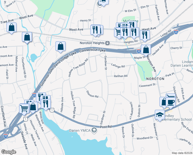 map of restaurants, bars, coffee shops, grocery stores, and more near 69 Stanton Road in Darien