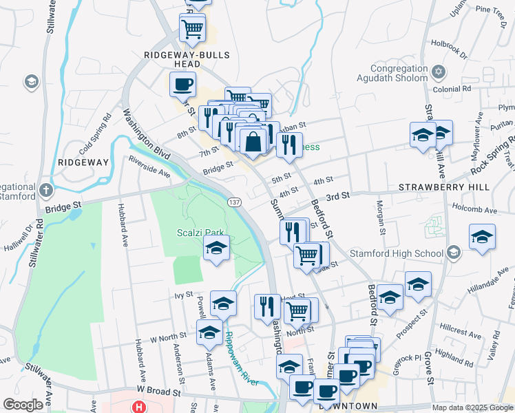 map of restaurants, bars, coffee shops, grocery stores, and more near 7 4th Street in Stamford