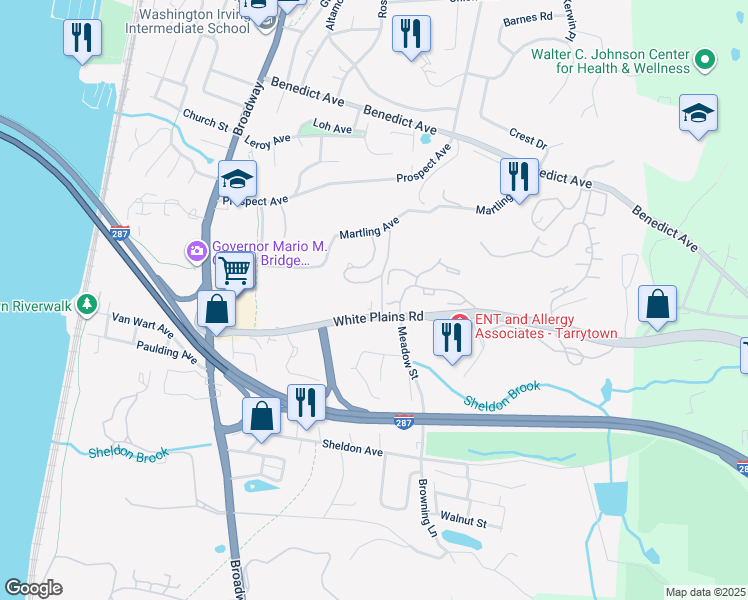 map of restaurants, bars, coffee shops, grocery stores, and more near 150 White Plains Road in Tarrytown