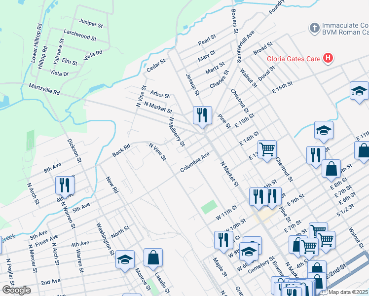 map of restaurants, bars, coffee shops, grocery stores, and more near 1597 North Mulberry Street in Berwick