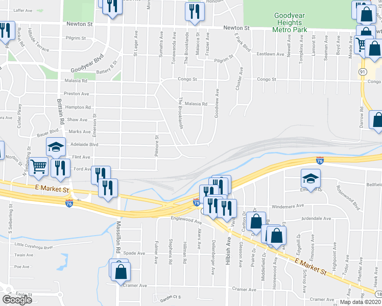 map of restaurants, bars, coffee shops, grocery stores, and more near 1944 Preston Avenue in Akron
