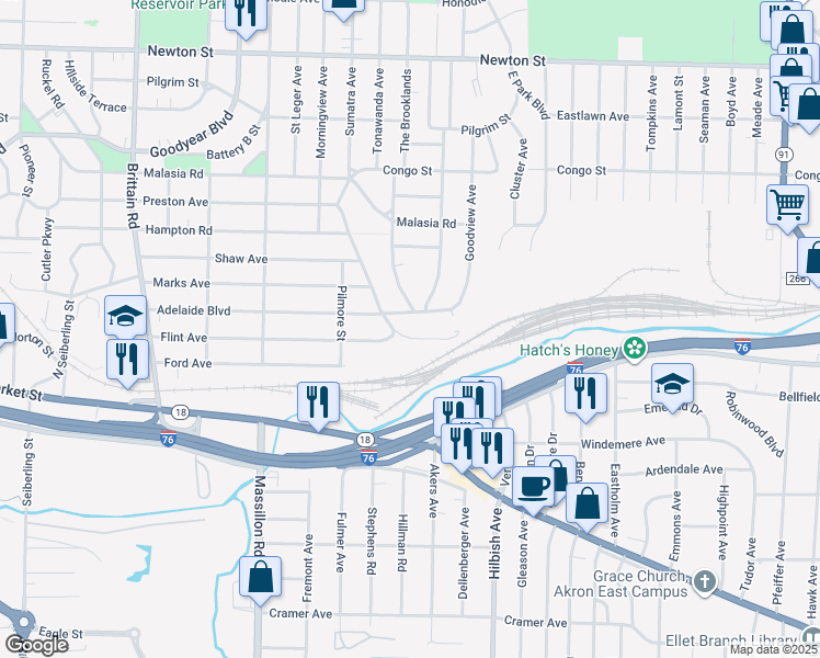 map of restaurants, bars, coffee shops, grocery stores, and more near 1964 Flint Avenue in Akron