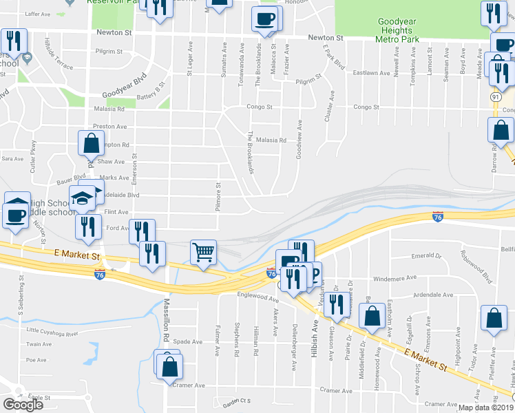 map of restaurants, bars, coffee shops, grocery stores, and more near 1964 Flint Avenue in Akron