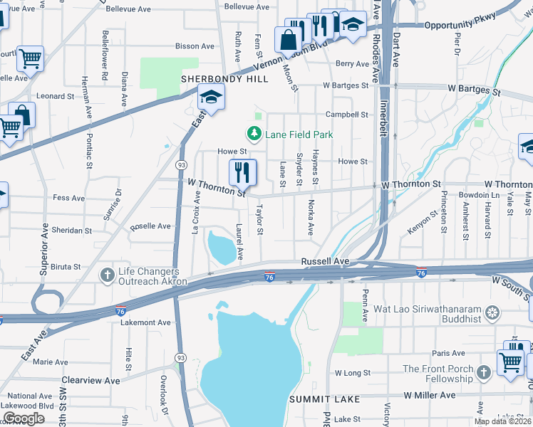 map of restaurants, bars, coffee shops, grocery stores, and more near 1090 Lane Street in Akron