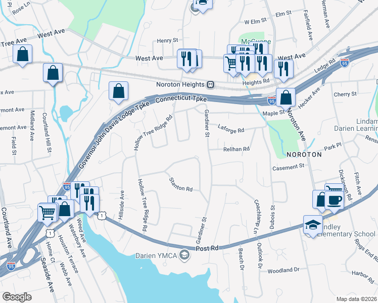 map of restaurants, bars, coffee shops, grocery stores, and more near 69 Stanton Road in Darien