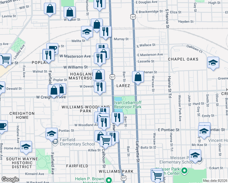 map of restaurants, bars, coffee shops, grocery stores, and more near 2221 South Clinton Street in Fort Wayne