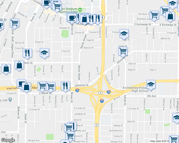 map of restaurants, bars, coffee shops, grocery stores, and more near 451 Hedden Avenue in Akron