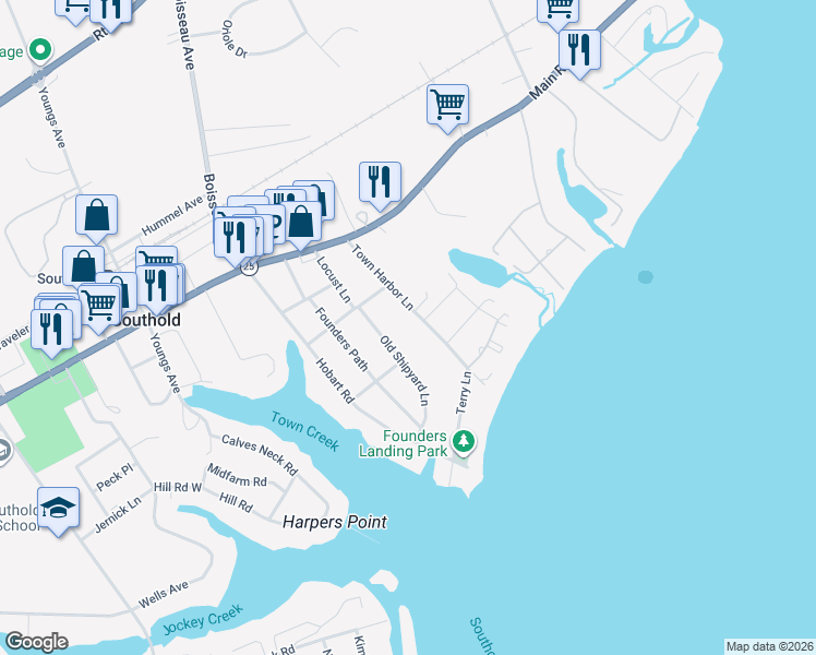 map of restaurants, bars, coffee shops, grocery stores, and more near 1105 Town Harbor Lane in Southold