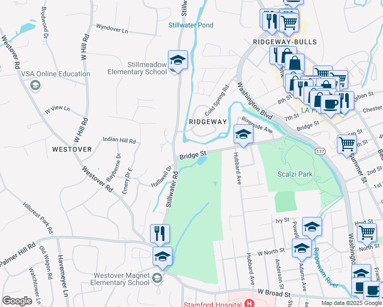 map of restaurants, bars, coffee shops, grocery stores, and more near 279 Bridge Street in Stamford