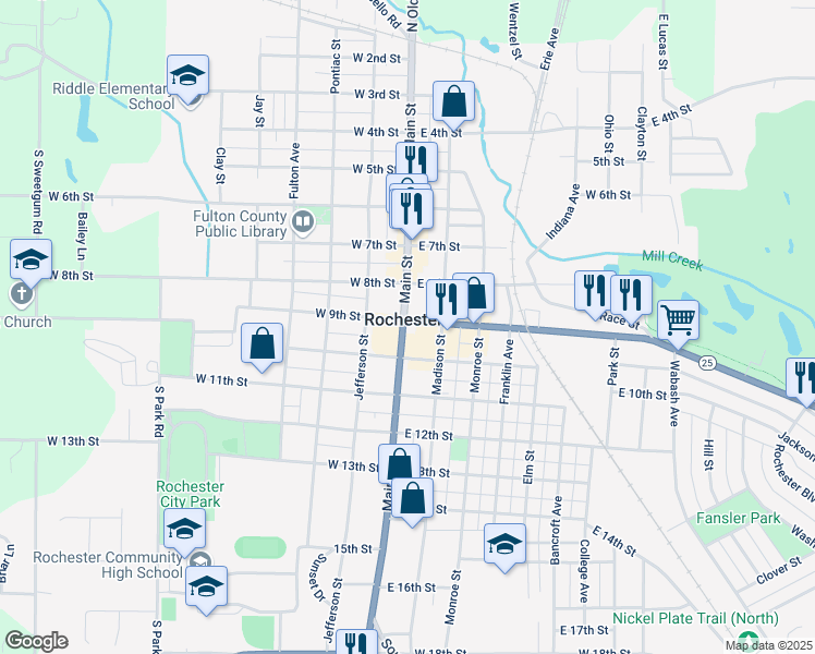 map of restaurants, bars, coffee shops, grocery stores, and more near in Rochester
