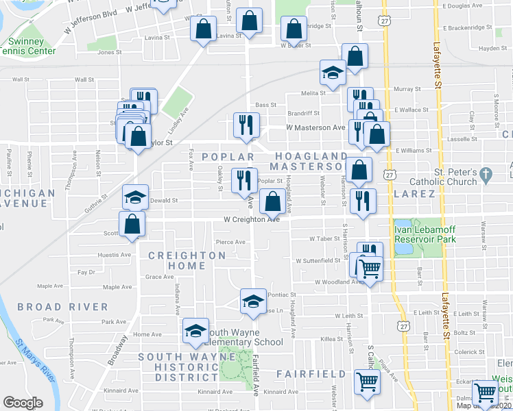 map of restaurants, bars, coffee shops, grocery stores, and more near 2207 Fairfield Avenue in Fort Wayne