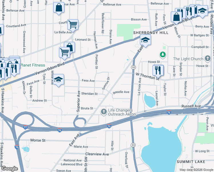 map of restaurants, bars, coffee shops, grocery stores, and more near 1285 Sunrise Drive in Akron