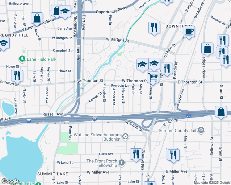 map of restaurants, bars, coffee shops, grocery stores, and more near 799 Amherst Street in Akron