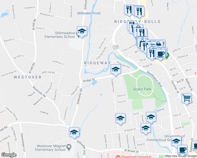 map of restaurants, bars, coffee shops, grocery stores, and more near 58 Severance Drive in Stamford