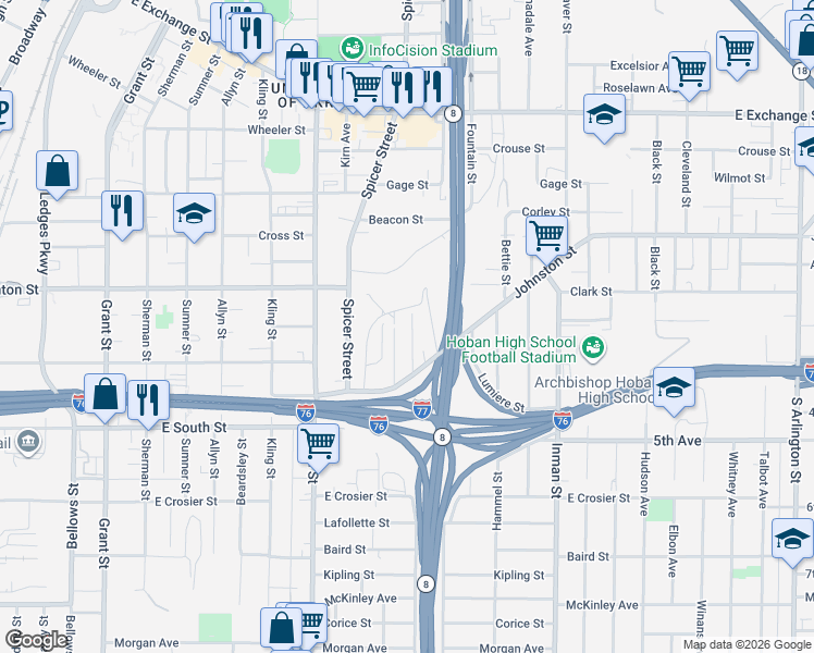 map of restaurants, bars, coffee shops, grocery stores, and more near 577 Wilson Street in Akron