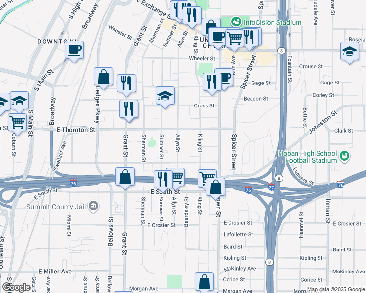 map of restaurants, bars, coffee shops, grocery stores, and more near 625 Allyn Street in Akron