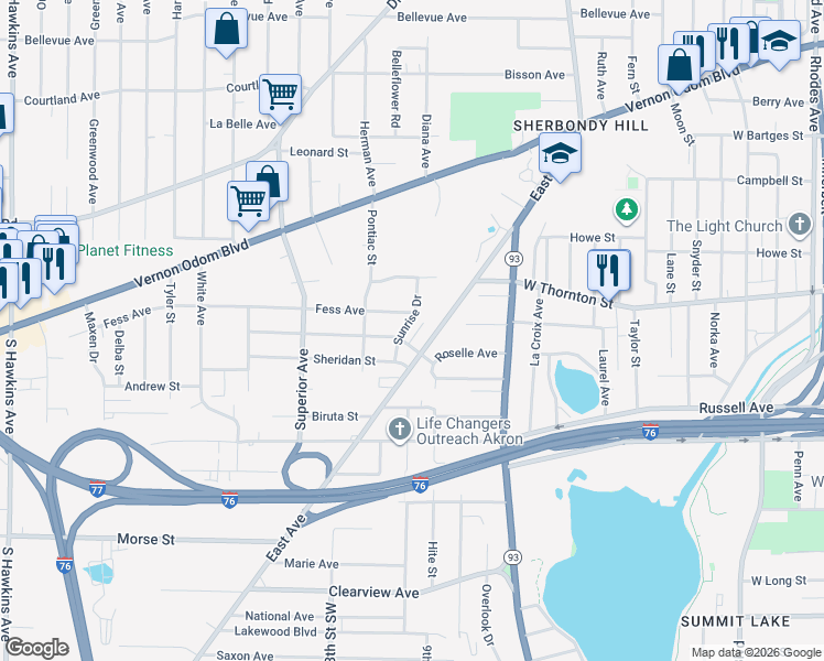 map of restaurants, bars, coffee shops, grocery stores, and more near 1285 Sunrise Drive in Akron
