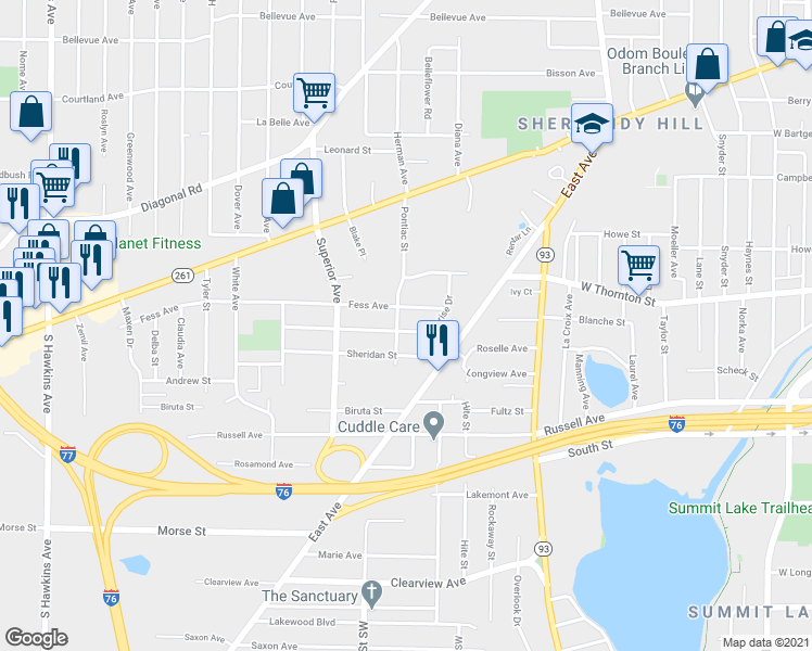 map of restaurants, bars, coffee shops, grocery stores, and more near 799 Fess Avenue in Akron