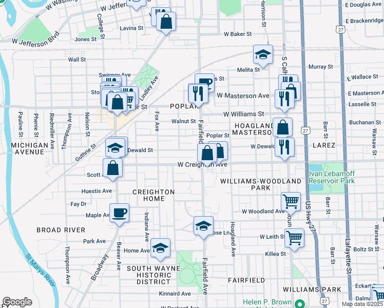 map of restaurants, bars, coffee shops, grocery stores, and more near 608 West Dewald Street in Fort Wayne