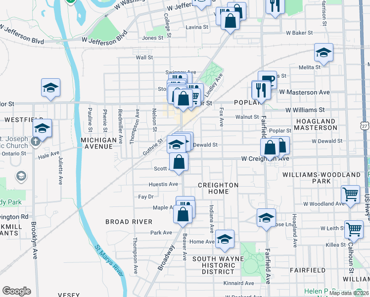 map of restaurants, bars, coffee shops, grocery stores, and more near 2125 Broadway in Fort Wayne