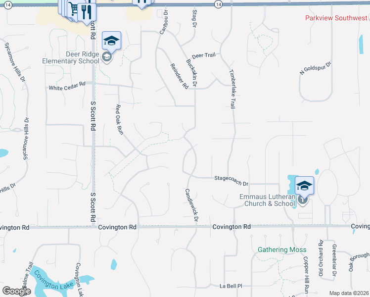 map of restaurants, bars, coffee shops, grocery stores, and more near 9614 Tallow Drive in Fort Wayne