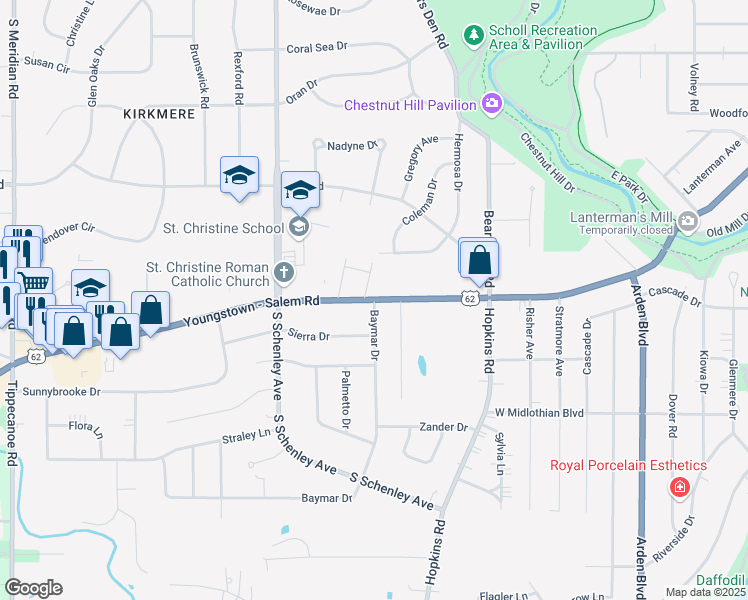 map of restaurants, bars, coffee shops, grocery stores, and more near 2208 Canfield Road in Youngstown