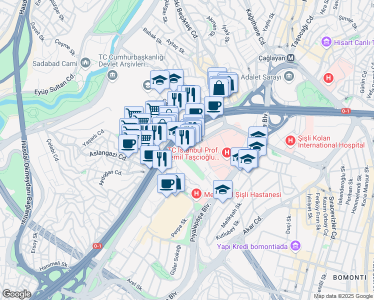 map of restaurants, bars, coffee shops, grocery stores, and more near 34 Darülaceze Caddesi in Kâğıthane