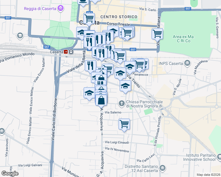 map of restaurants, bars, coffee shops, grocery stores, and more near 96-102 Viale Abramo Lincoln in Caserta