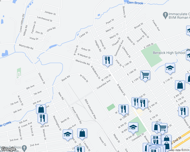 map of restaurants, bars, coffee shops, grocery stores, and more near 1609 North Mulberry Street in Berwick
