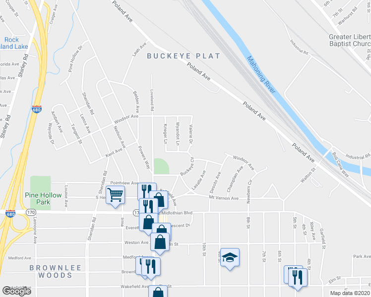 map of restaurants, bars, coffee shops, grocery stores, and more near 3624 Valerie Drive in Youngstown