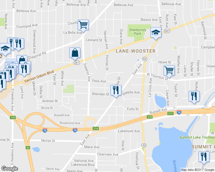 map of restaurants, bars, coffee shops, grocery stores, and more near 799 Fess Avenue in Akron