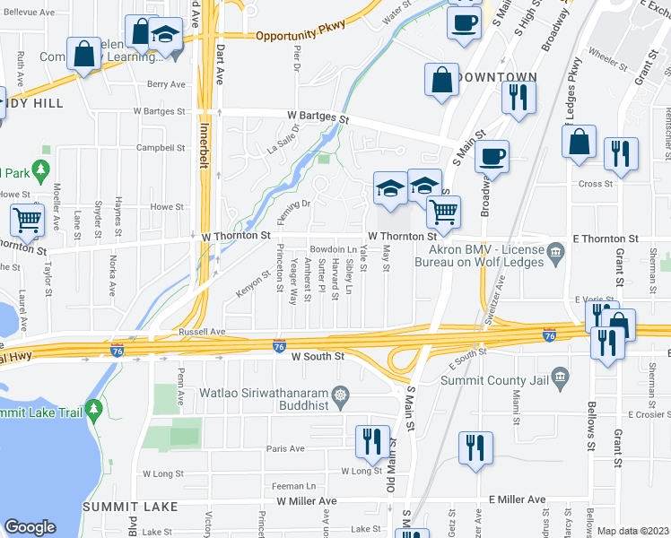 map of restaurants, bars, coffee shops, grocery stores, and more near 798 Harvard Street in Akron