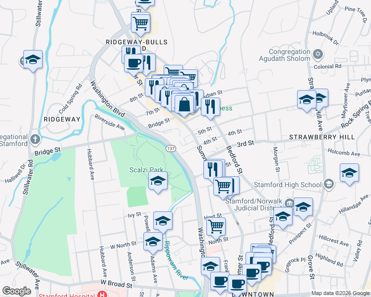 map of restaurants, bars, coffee shops, grocery stores, and more near 1862 Summer Street in Stamford