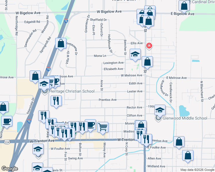 map of restaurants, bars, coffee shops, grocery stores, and more near 314 Edith Avenue in Findlay