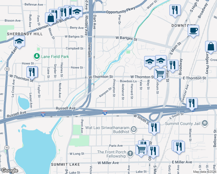 map of restaurants, bars, coffee shops, grocery stores, and more near 789 Boulevard Street in Akron