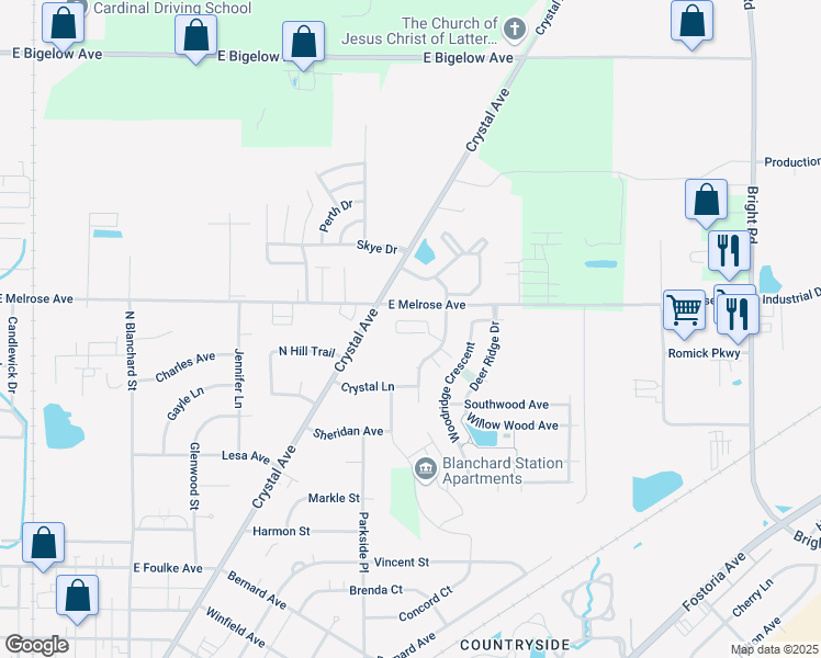 map of restaurants, bars, coffee shops, grocery stores, and more near 2040 Breckinridge Apartment in Findlay