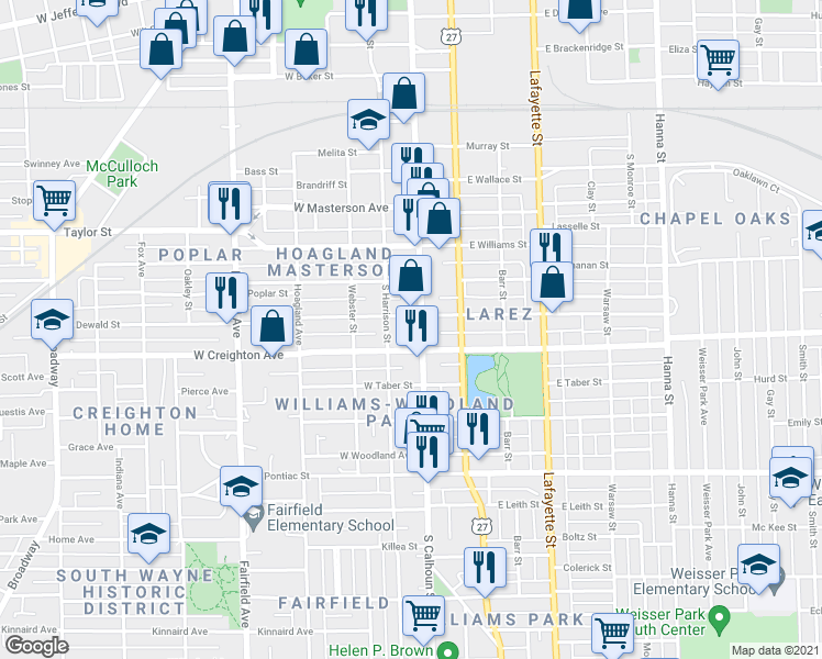 map of restaurants, bars, coffee shops, grocery stores, and more near 2126 South Calhoun Street in Fort Wayne