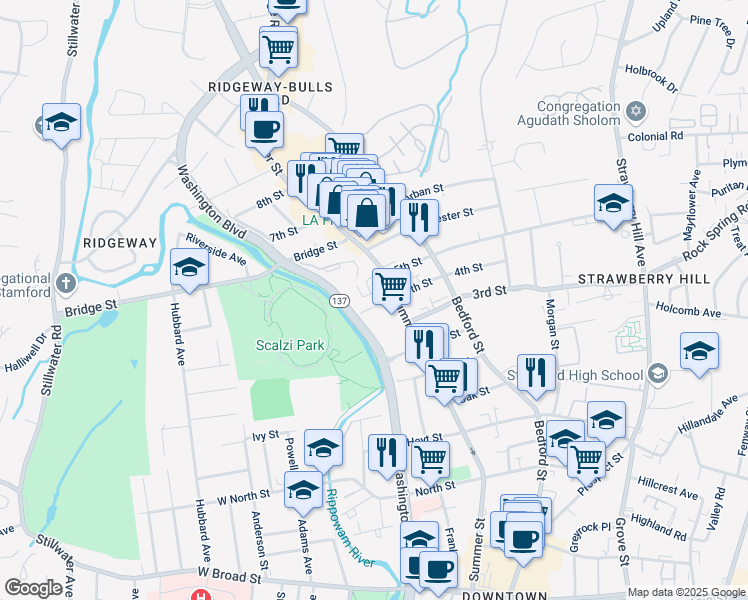 map of restaurants, bars, coffee shops, grocery stores, and more near 1854 Summer Street in Stamford