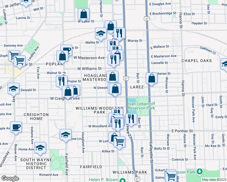 map of restaurants, bars, coffee shops, grocery stores, and more near 2212 South Calhoun Street in Fort Wayne
